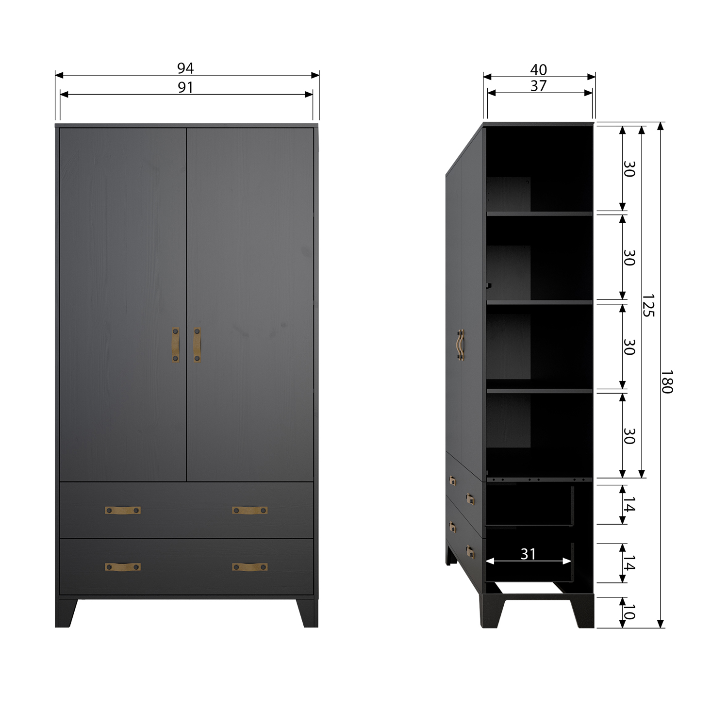 Woood Schrank Kleiderschrank Dian H 180 cm Kiefer schwarz