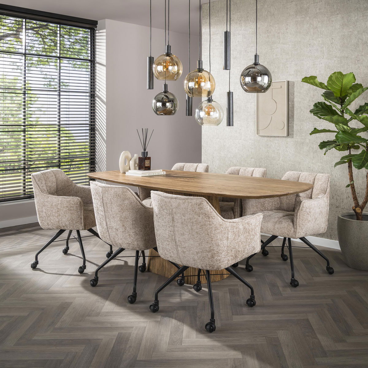 2er Set Armlehnstuhl Fino auf Rollen Chenille Stoff sandfarben