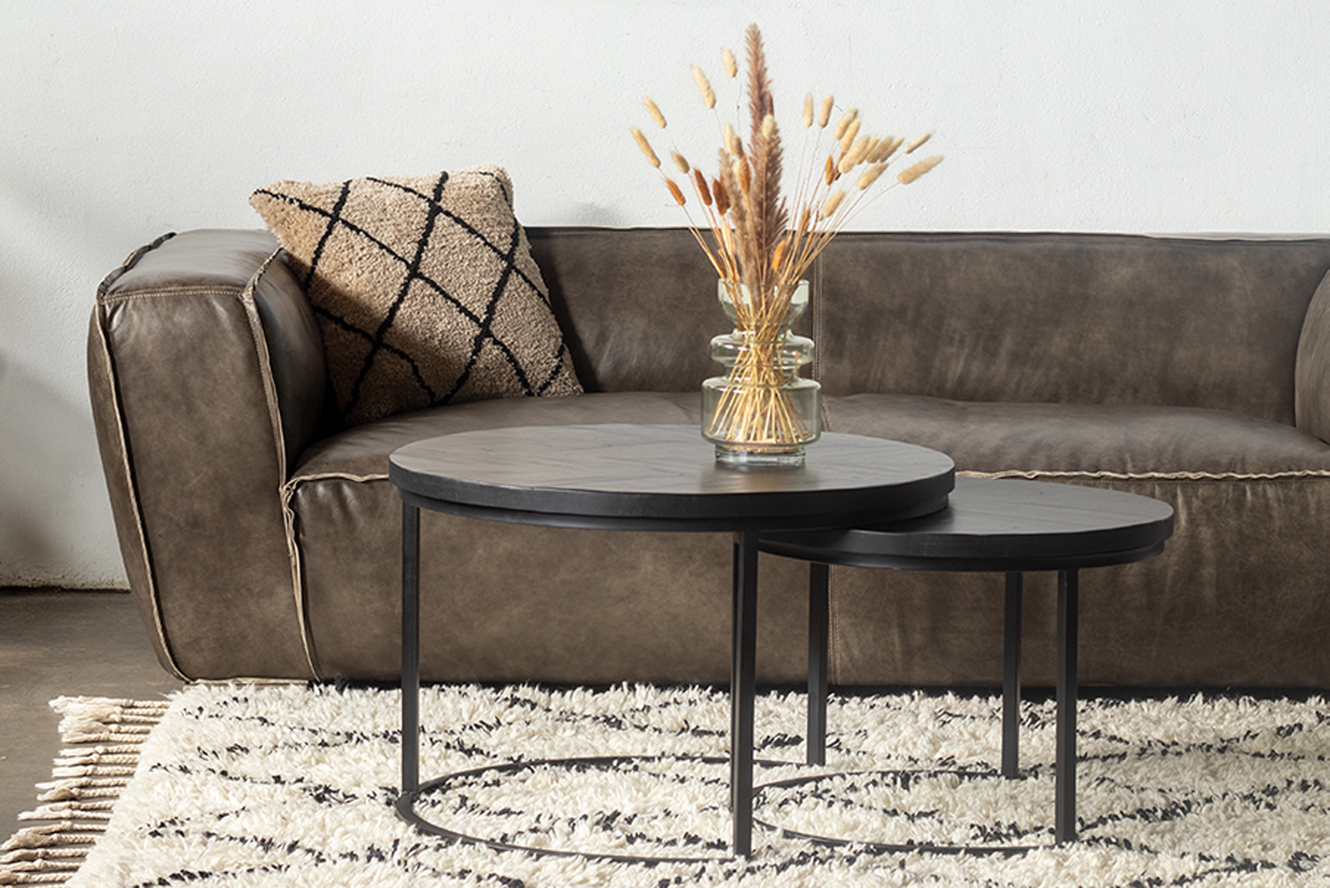 2er Set Couchtisch rund BOB Mangoholz und Metall schwarz