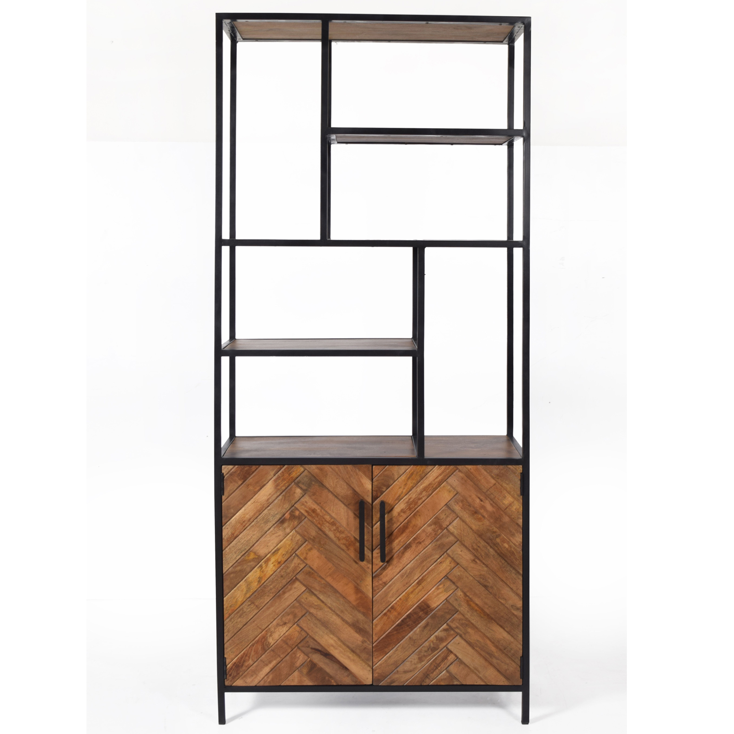 Schrank Regal Brooklyn B 90 cm Wandregal Bücherregal Mangoholz Fischgräte braun Metall schwarz