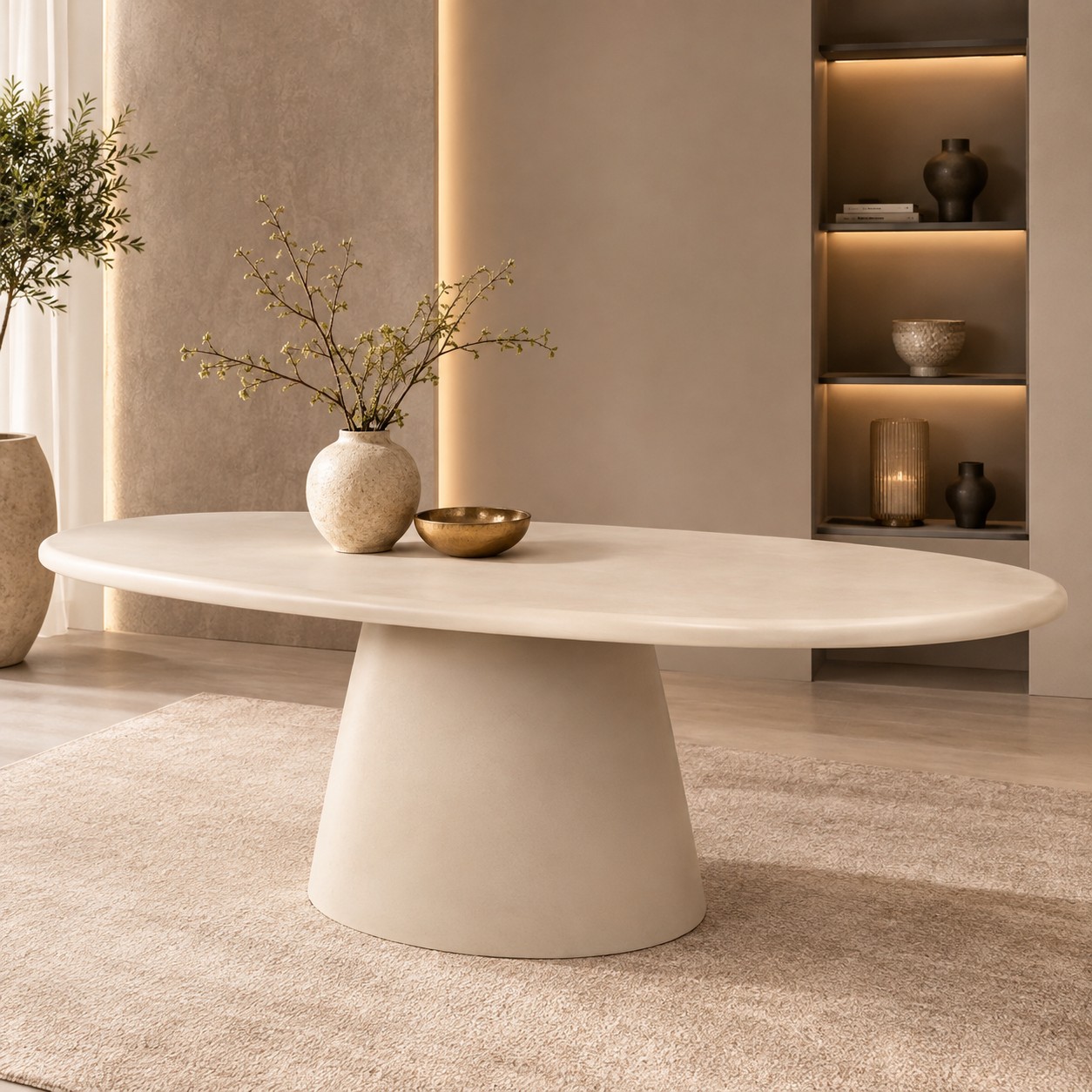 Esstisch CLAYTON 220 cm beige organisch oval mit Säulenfuß  