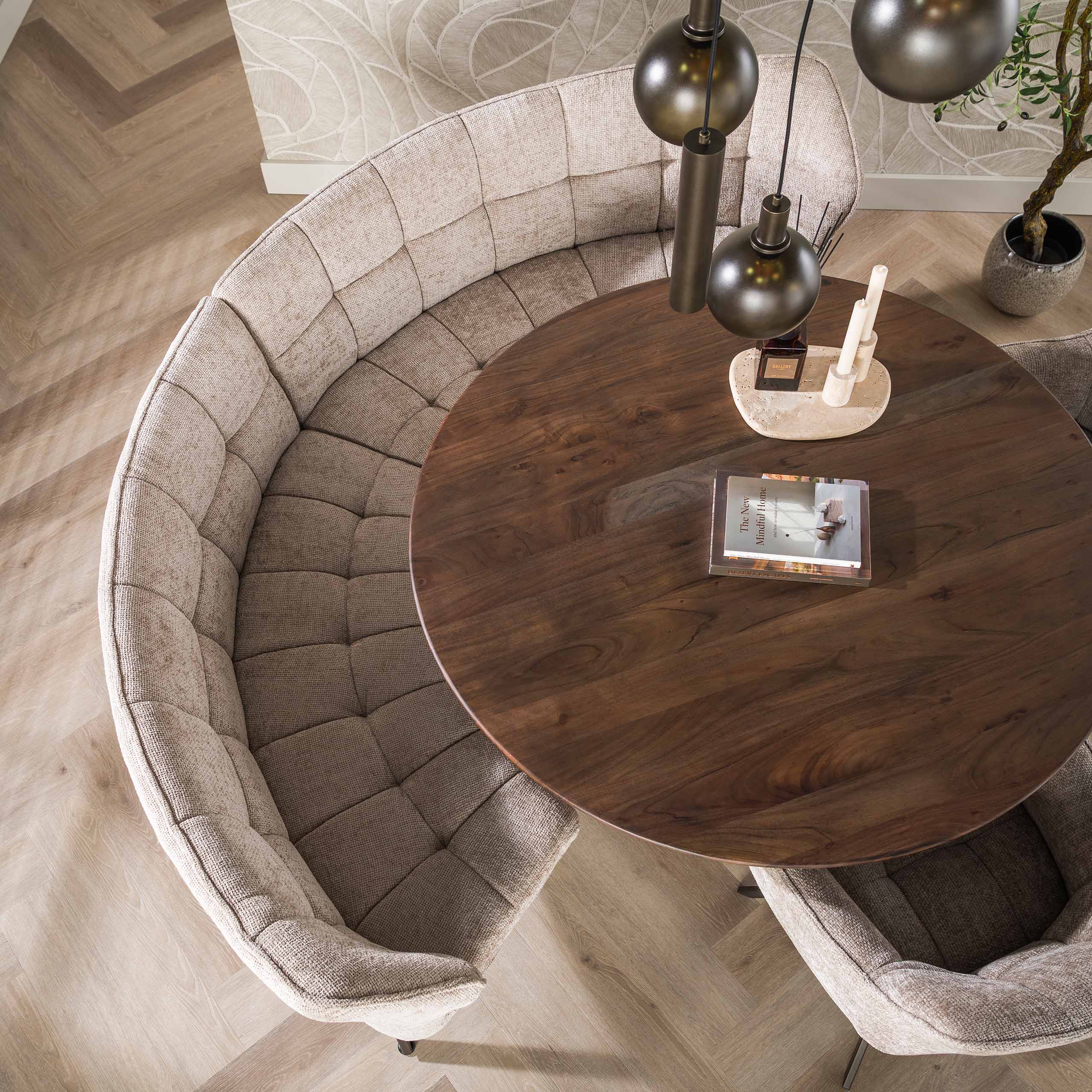 Runde Esszimmerbank FINO 235 cm mit sandfarbenem Stoff