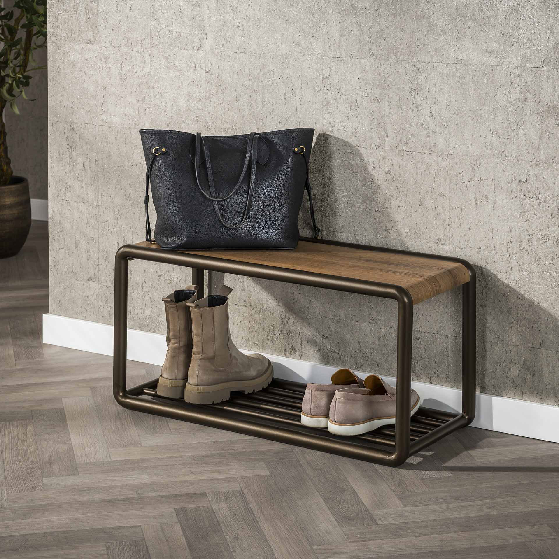 Schuhregal SANOS 80 cm mit Sitzfläche Eichenoptik Metall bronze 