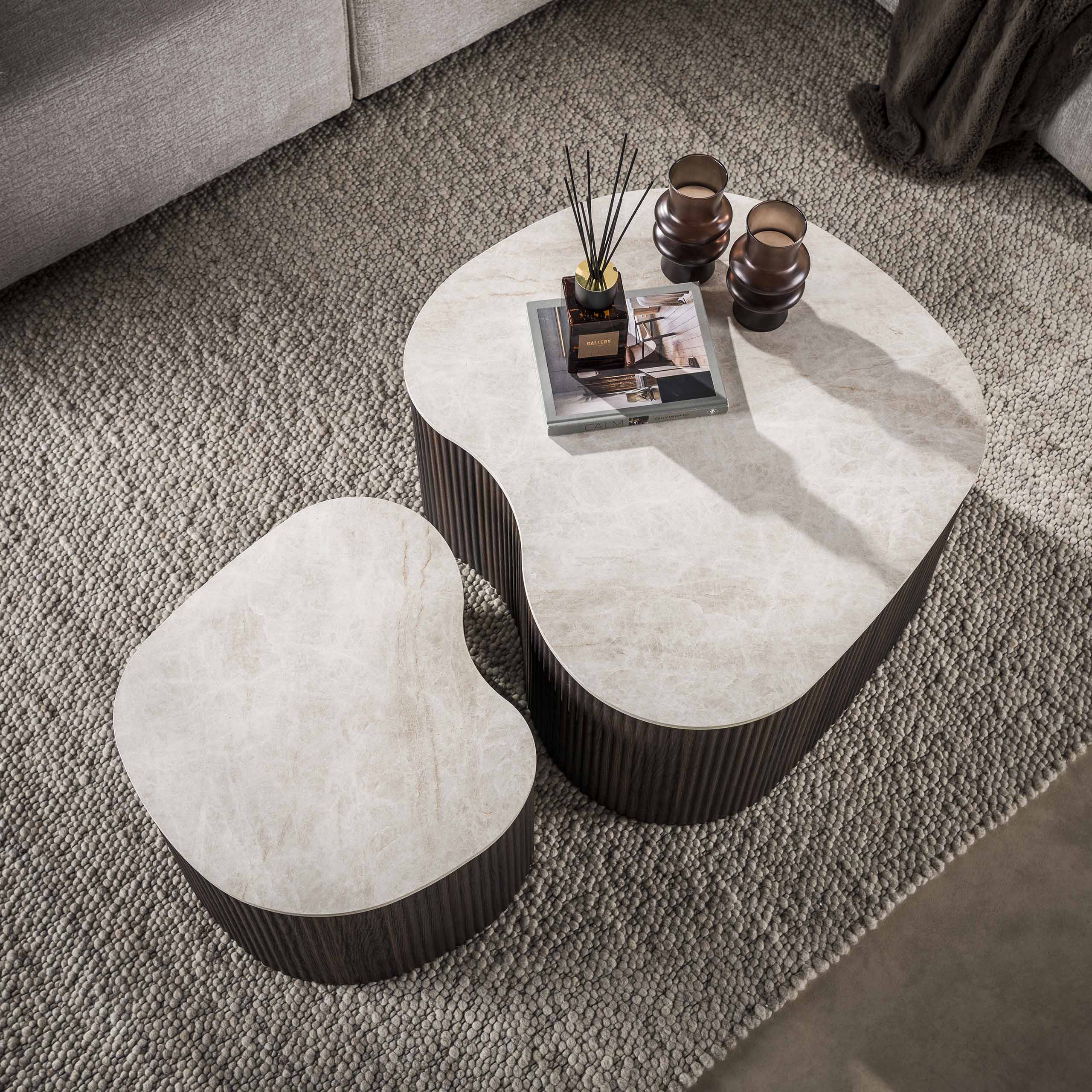 2 er Set Couchtisch JONO organisch 3D-Keramik Taj-Mahal-Optik