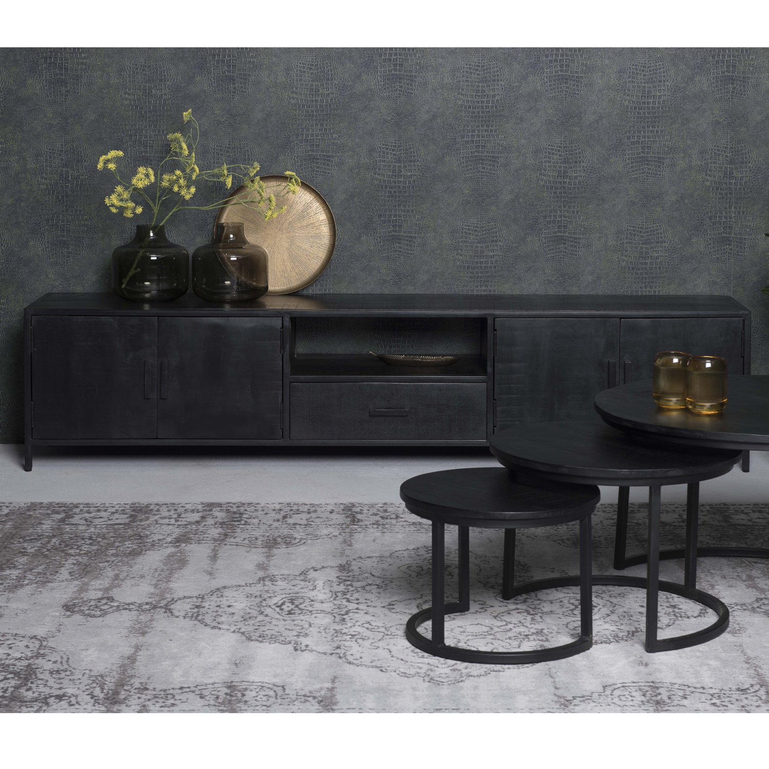 TV Möbel Kala B 220 cm Lowboard Mangoholz schwarz