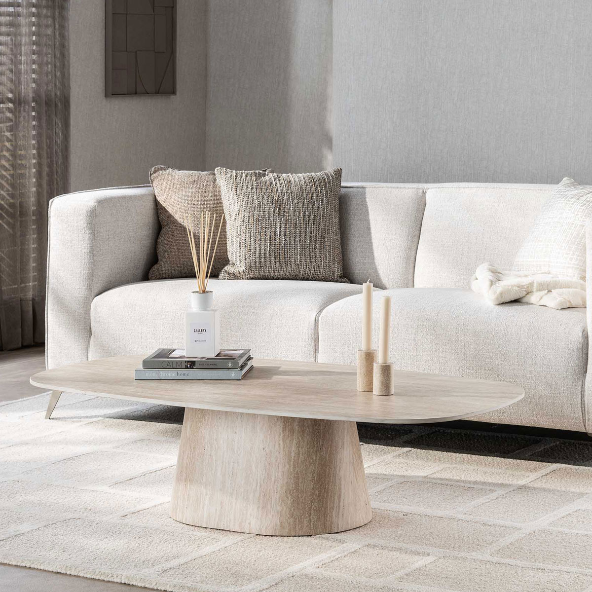 Couchtisch VERONA 135 x 70 cm oval Keramik Travertinoptik