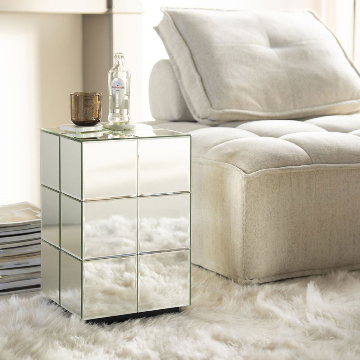 Beistelltisch FlectronI 30 x 30 cm Spiegelglas Massivholz Anstelltisch