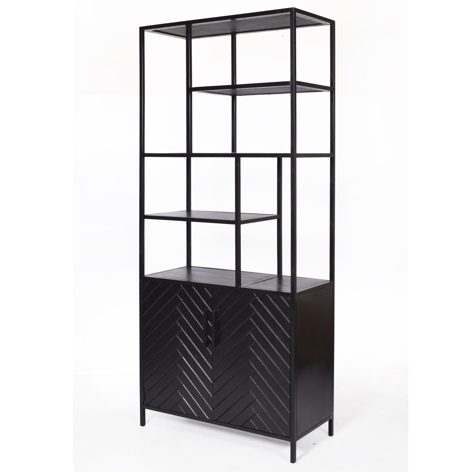 Schrank Regal York B 90 cm Wandregal Bücherregal Mangoholz Fischgräte Metall schwarz