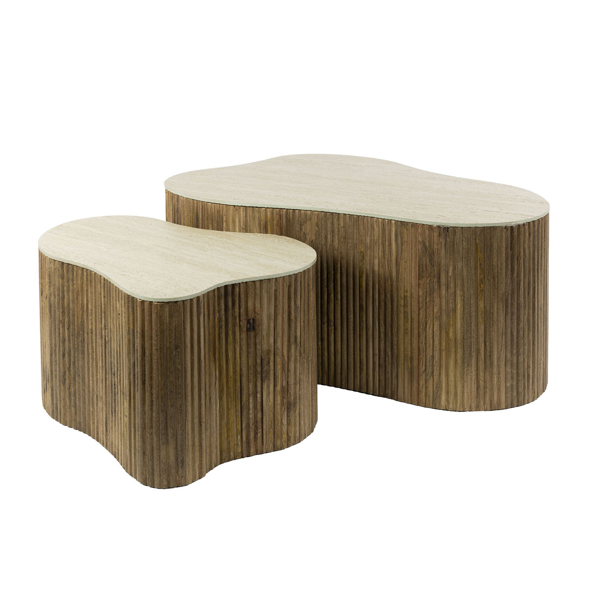 2er Set Couchtisch FLUVIO organisch Keramik Travertinoptik Mangoholz sandfarben