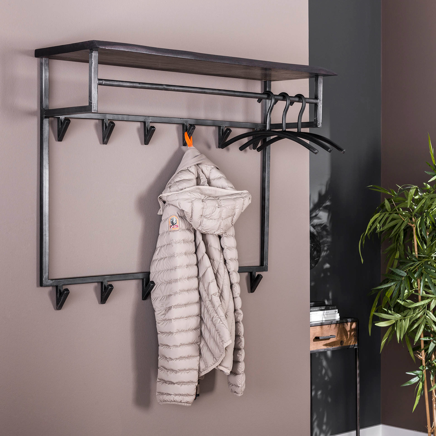 Wandgarderobe B 100 cm 12 Haken Metall Akazie schwarz Garderobe Hängegarderobe