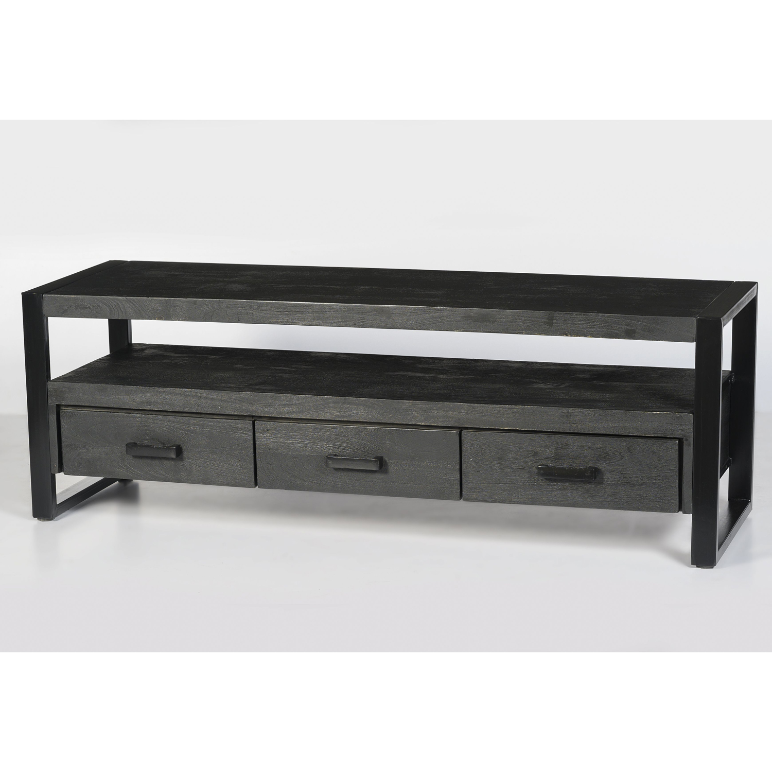 Vintage Retro TV Möbel Norris B 150 cm Lowboard Mangoholz Metall schwarz