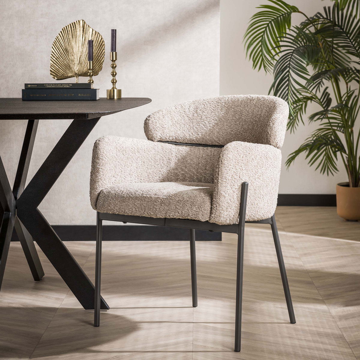 2er Set Armlehnstuhl Boston Bouclé Stoff sandfarben