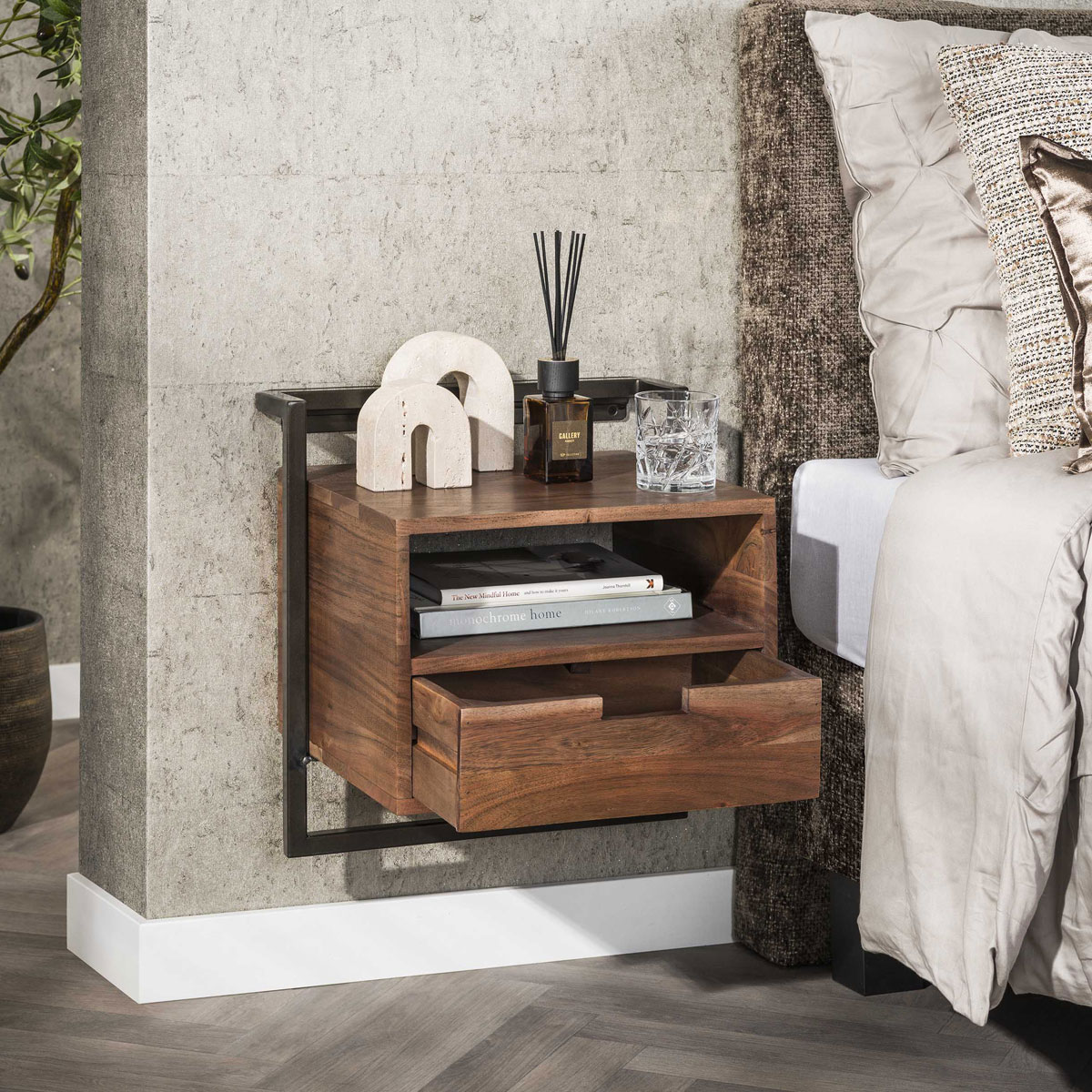 Nachttisch hängend H 45 cm mit Schublade Akazie dunkelbraun