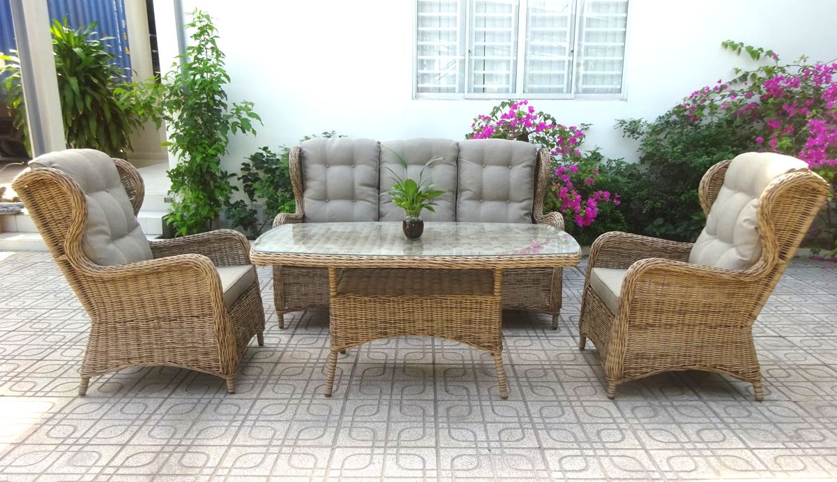 Garten Sessel Rosita Polyrattan natur mit Sitz- und Rückenkissen