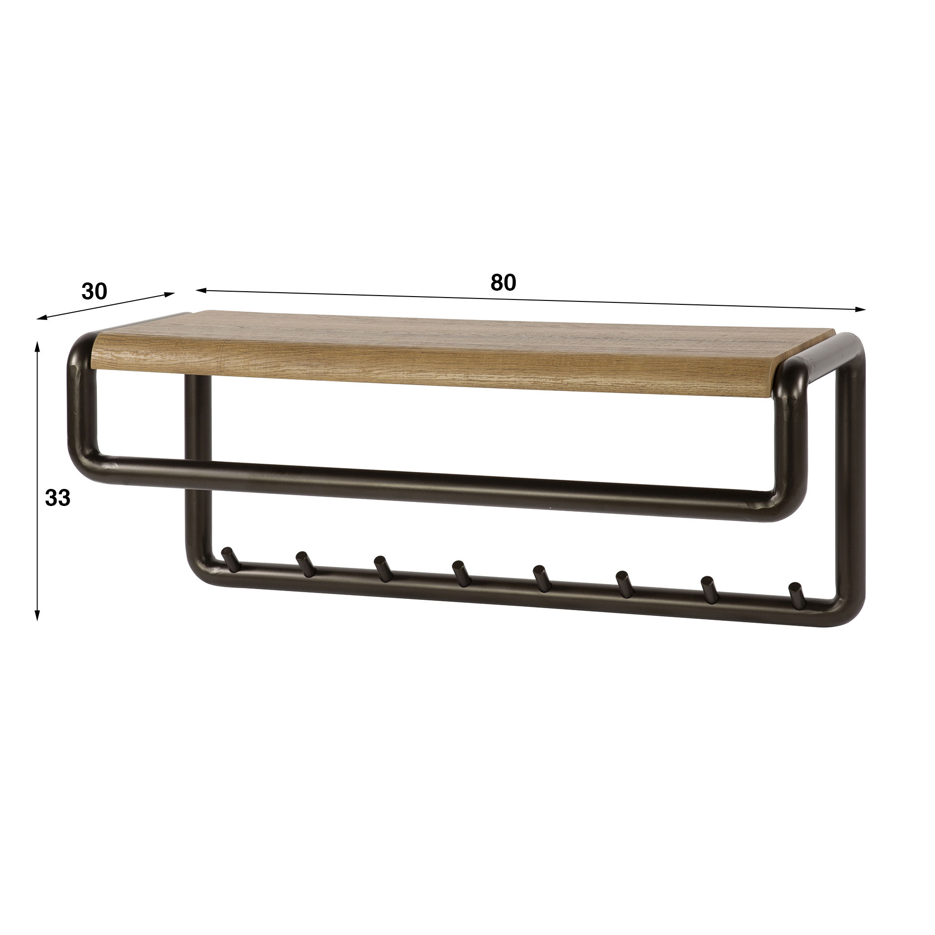Wandgarderobe SANOS B 80 cm mit 8 Haken Hutablage Eichenoptik Metall bronze