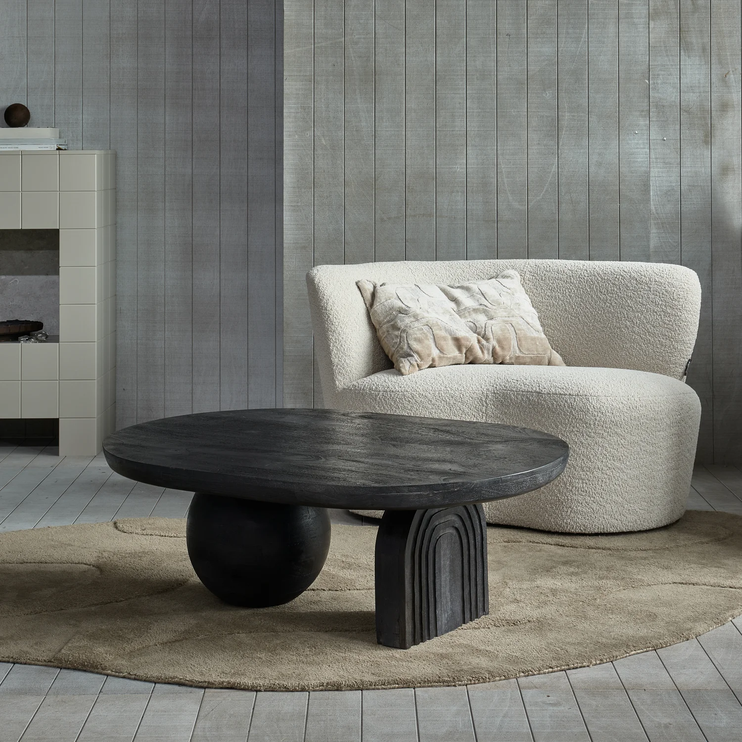 Kleines Sofa Stone links 112 cm Bouclé creme Loungesofa