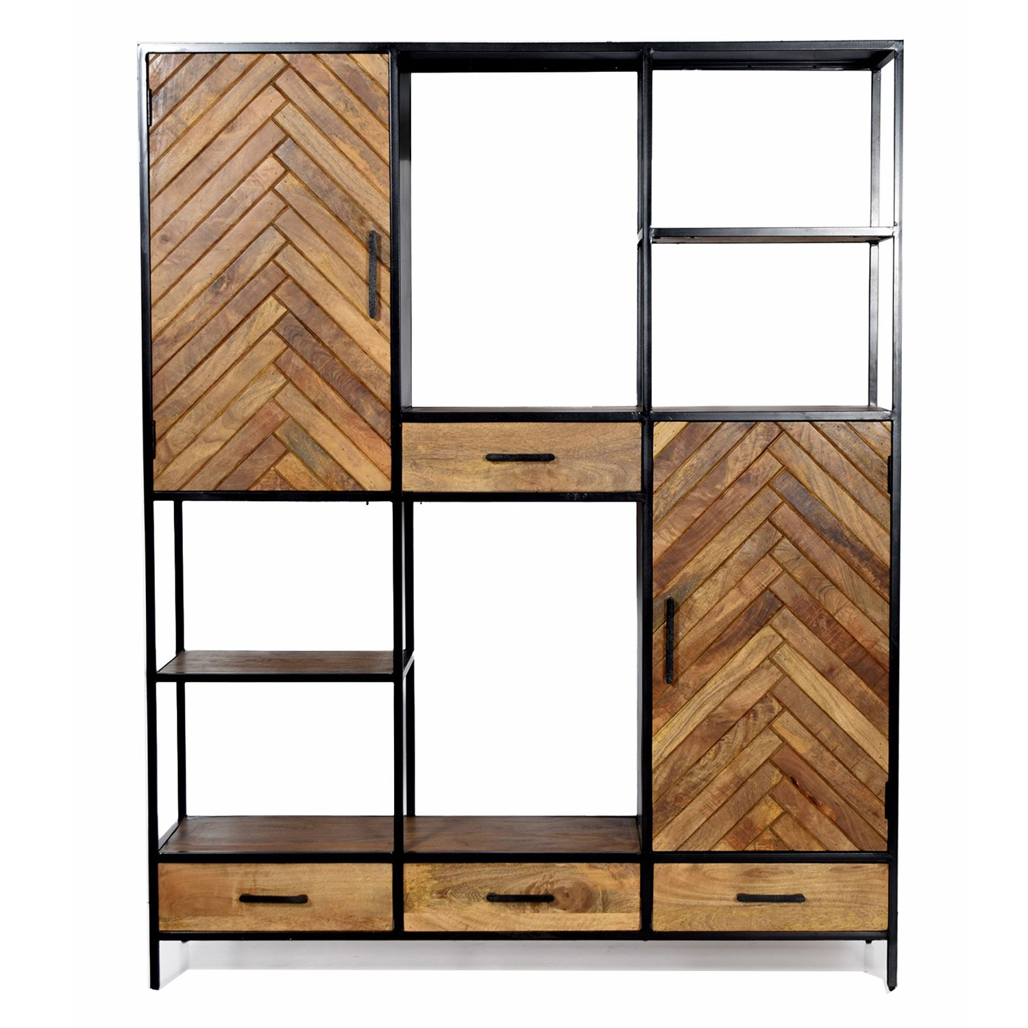 Schrank Regal Brooklyn B 160 cm Wandregal Bücherregal Mangoholz Fischgräte braun Metall schwarz