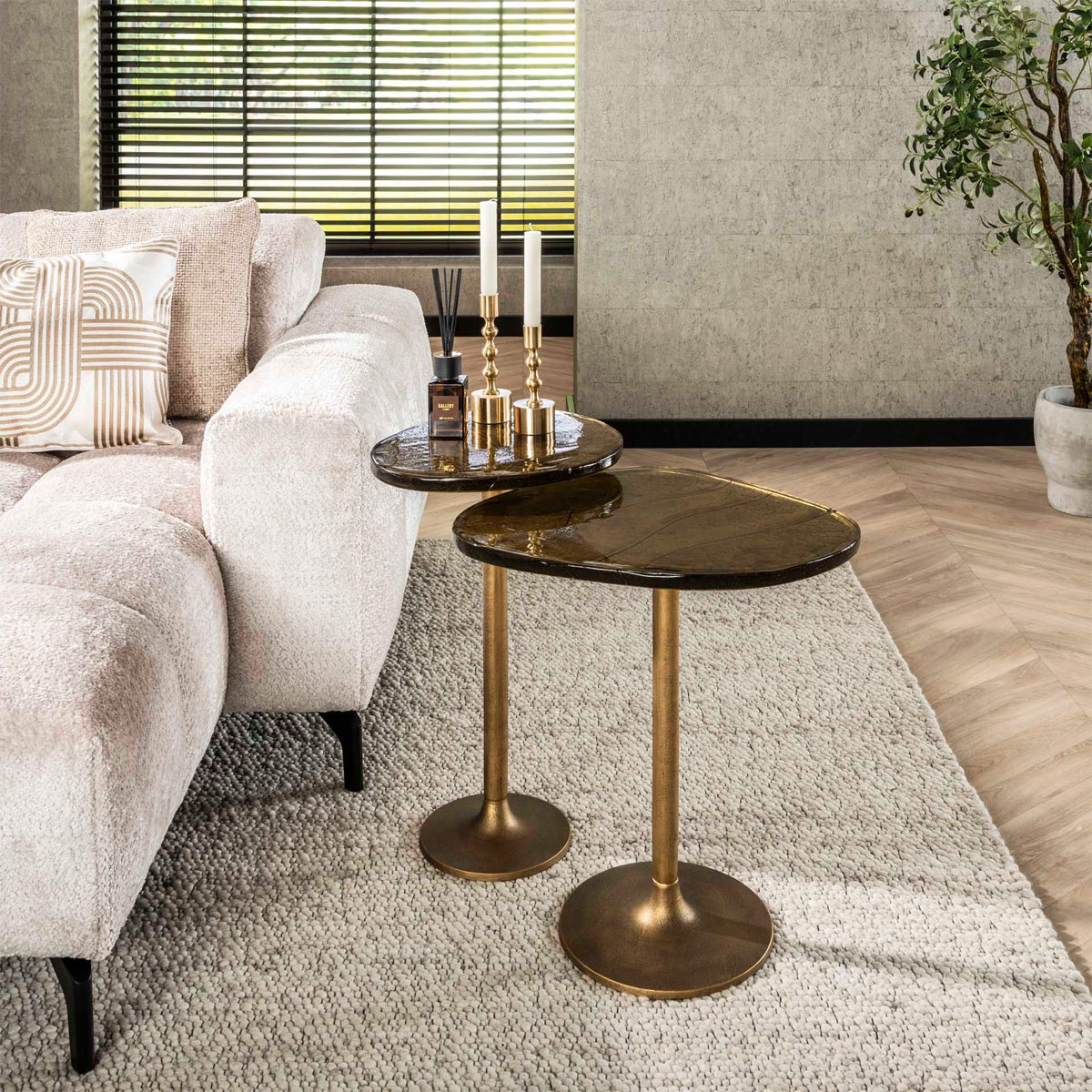 Beistelltisch Ellipse L Metall Glas Gold antik Finish