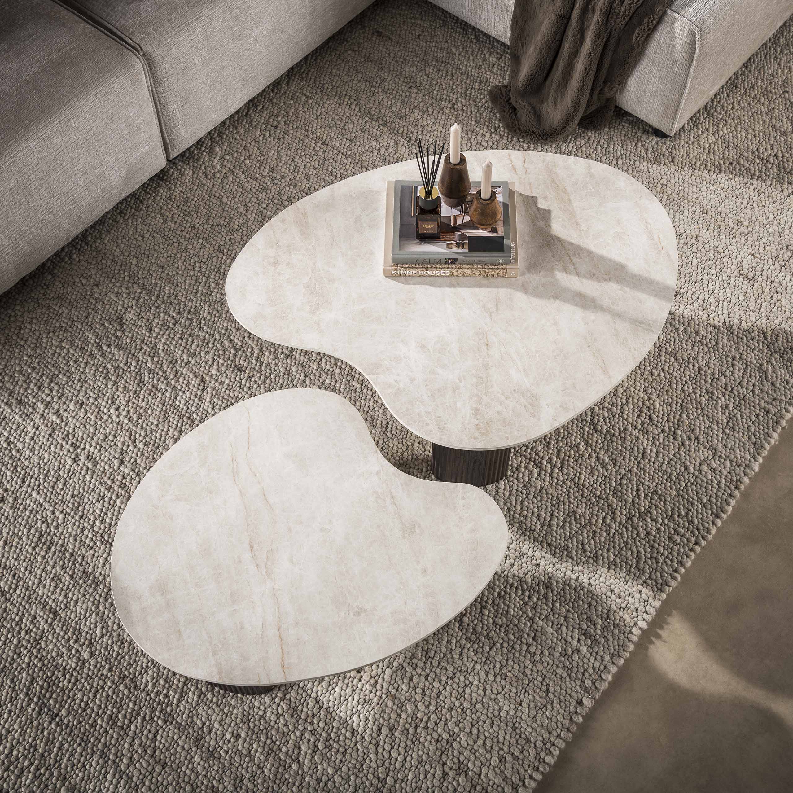 2 er Set Couchtisch JAHAN organisch 3D-Keramik Taj-Mahal-Optik