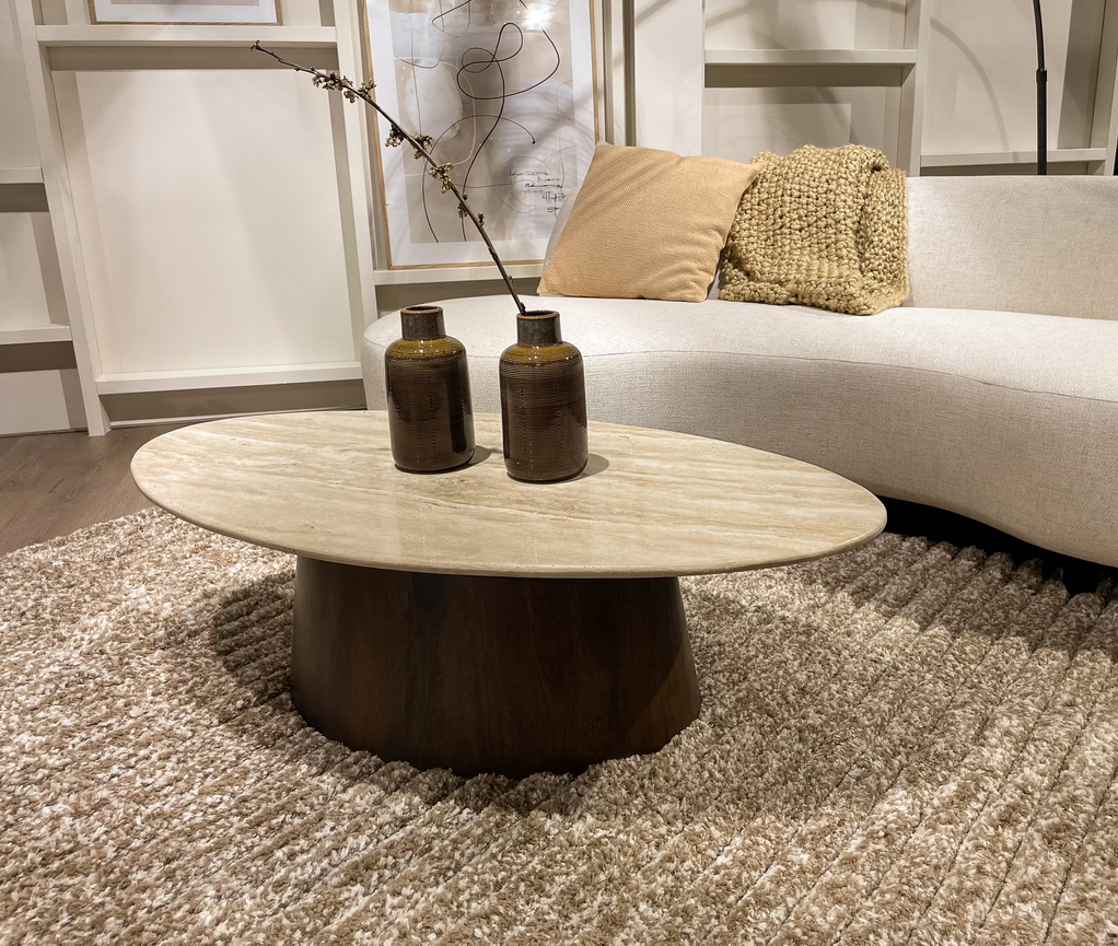 Couchtisch Valentino oval 120 cm mit Travertin Tischplatte natur