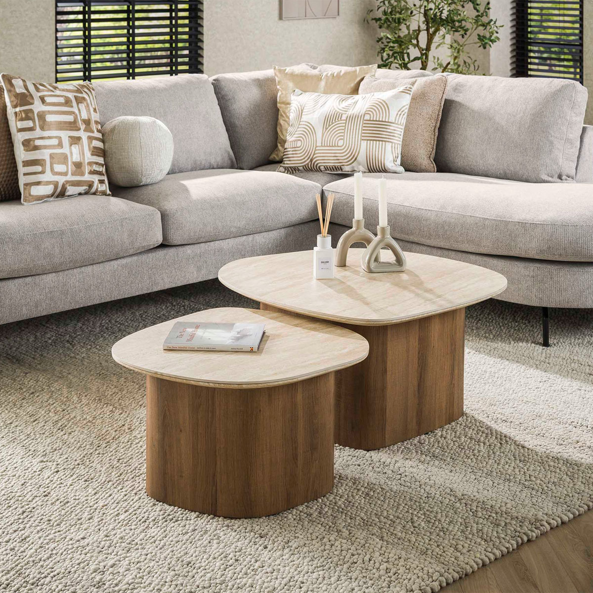 2er Set Couchtisch Rolin Travertine Holzfuß Beistelltisch Tischset Sofatisch Tischset