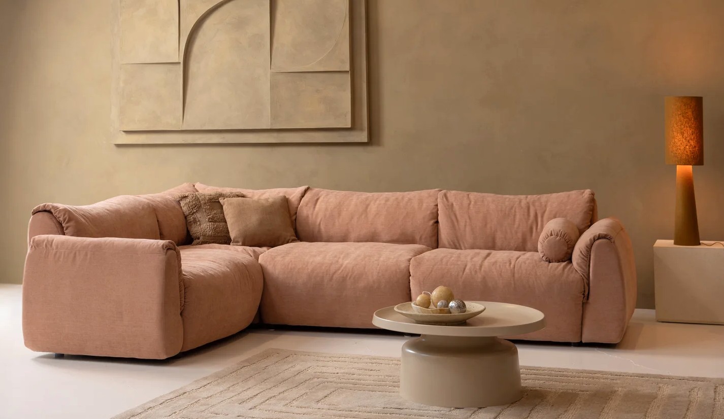 woood Ecksofa BAGGY Webstoff Chinelle altrosa Chaiselongue links