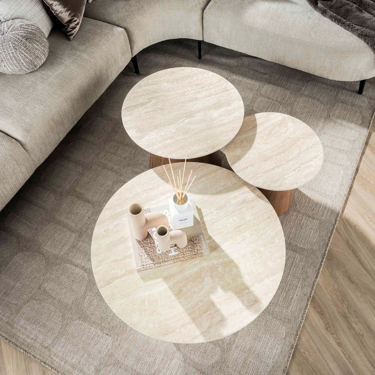 3´er Set Couchtisch VENEZIA rund Keramik Travertin Optik beige