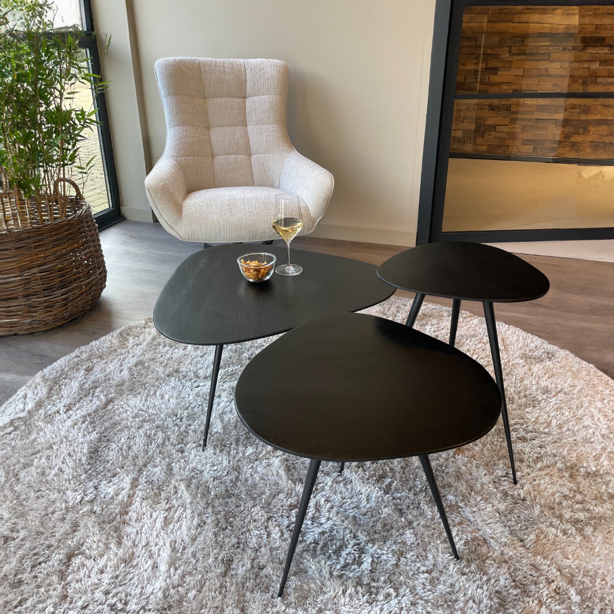 3er Set Couchtisch Loua Hartholz schwarz Metall Tischset Sofatische