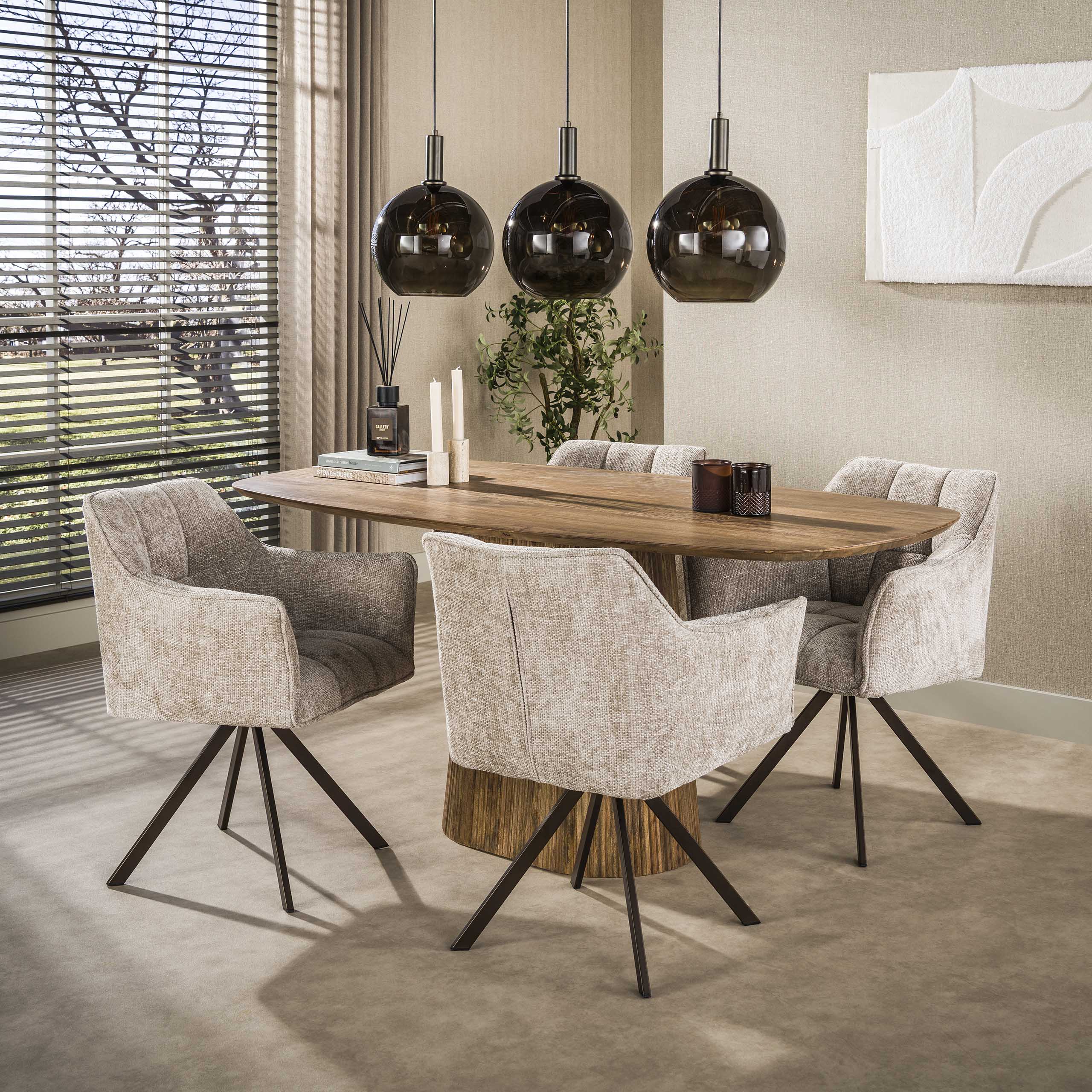 2er Set Armlehnstuhl Fino weiches CHENILLE sand drehbar Beine braun