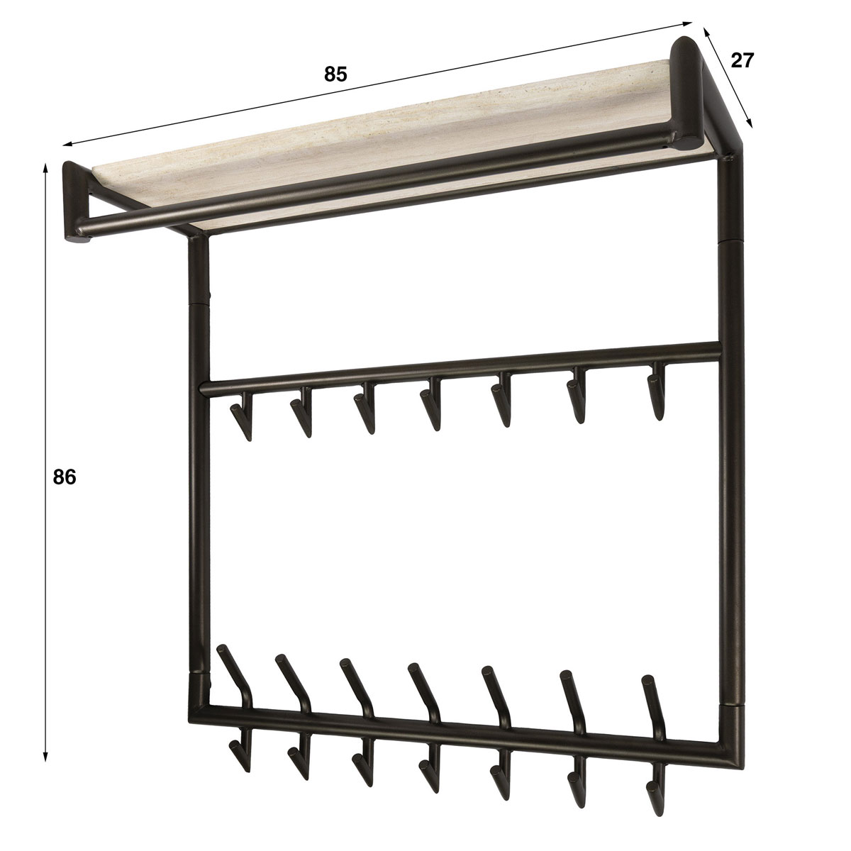 Wandgarderobe NERO B 85 cm mit 21 Haken Hutablage Travertin-Optik Metall Bronzefinish