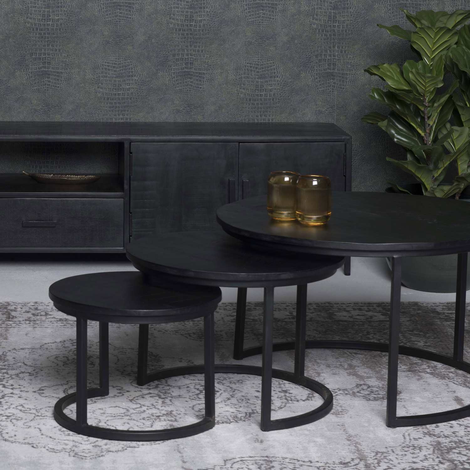 3er Set Couchtisch rund Jerrel Kala Mangoholz schwarz