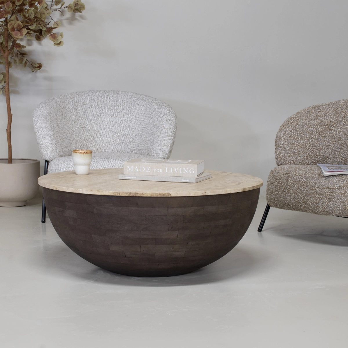 Couchtisch BOWL rund Ø 90 cm Mangoholz dunkelbraun Travertin