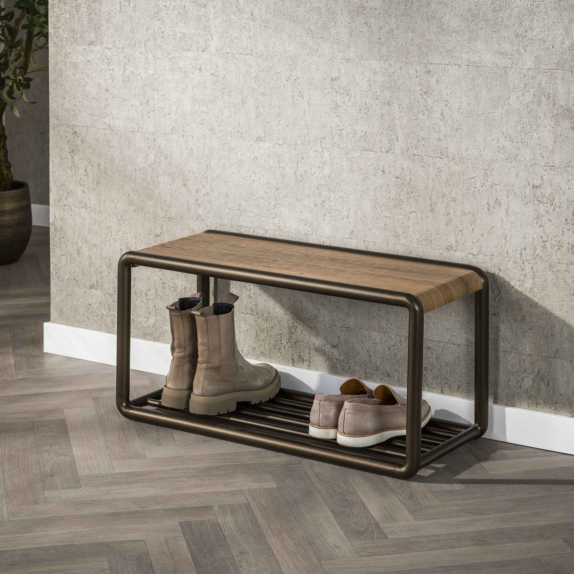 Schuhregal SANOS 80 cm mit Sitzfläche Eichenoptik Metall bronze 