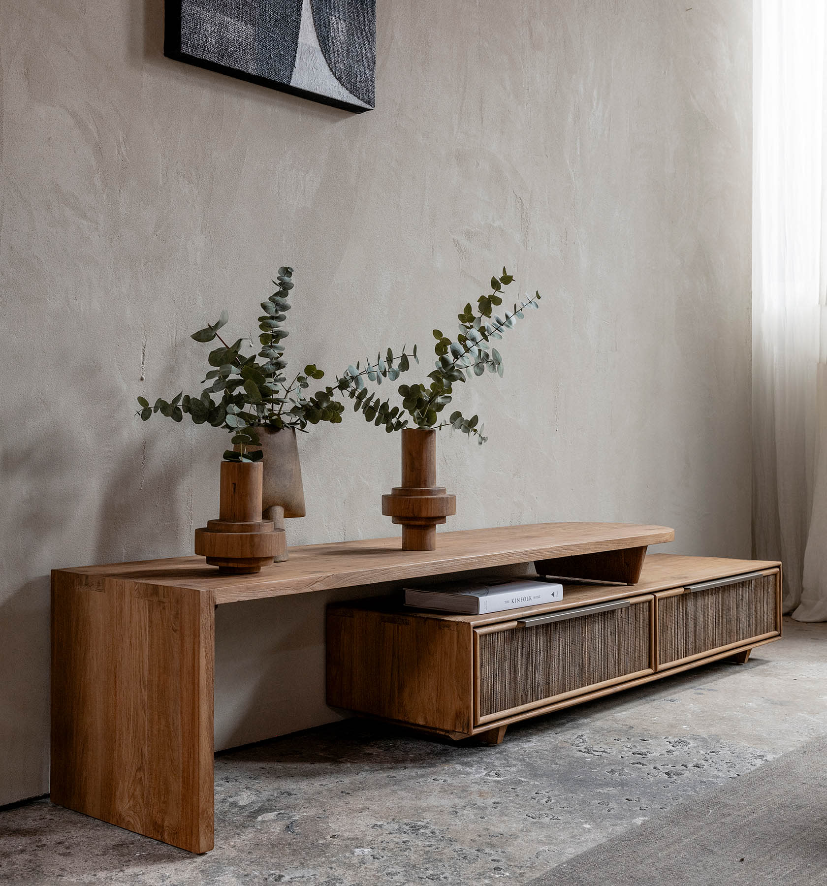 TV Möbel Lowboard GRACE 160 cm natur Teakholz verstellbar