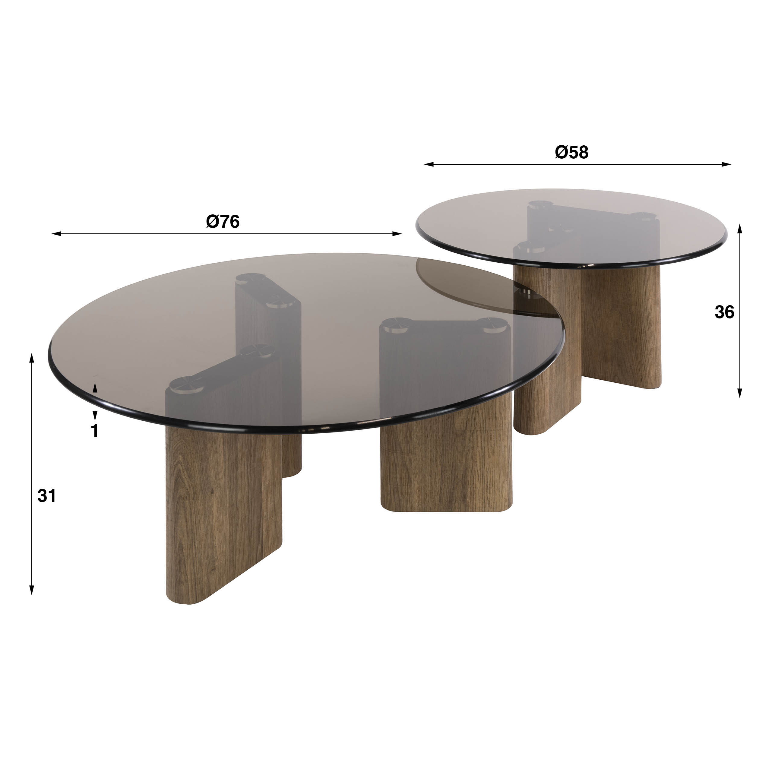 2er Set Couchtisch SAMOS rund Eichenholz-Optik Glasplatte