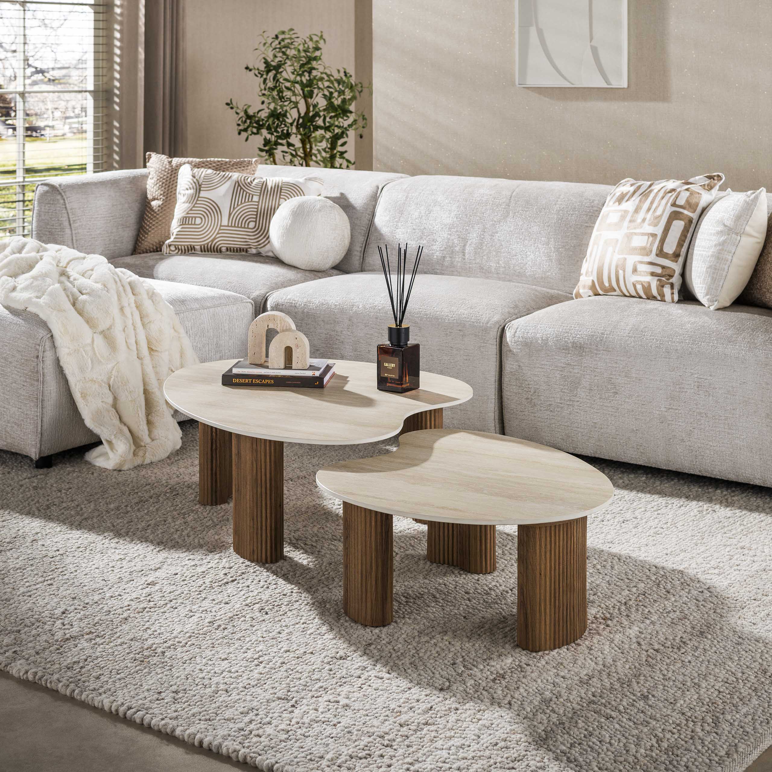 2 er Set Couchtisch JAHAN organisch 3D-Keramik Travertin-Optik