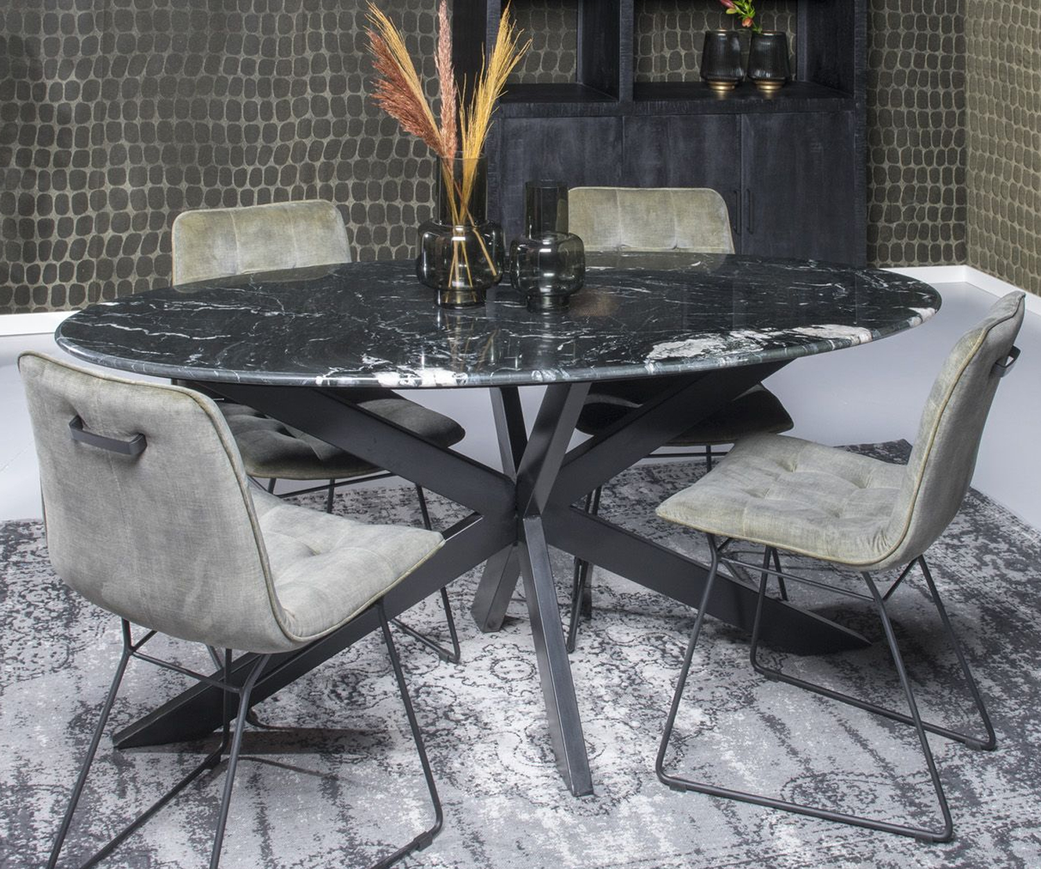 Marmor Esstisch oval 180 x 90 cm Marmorplatte schwarz