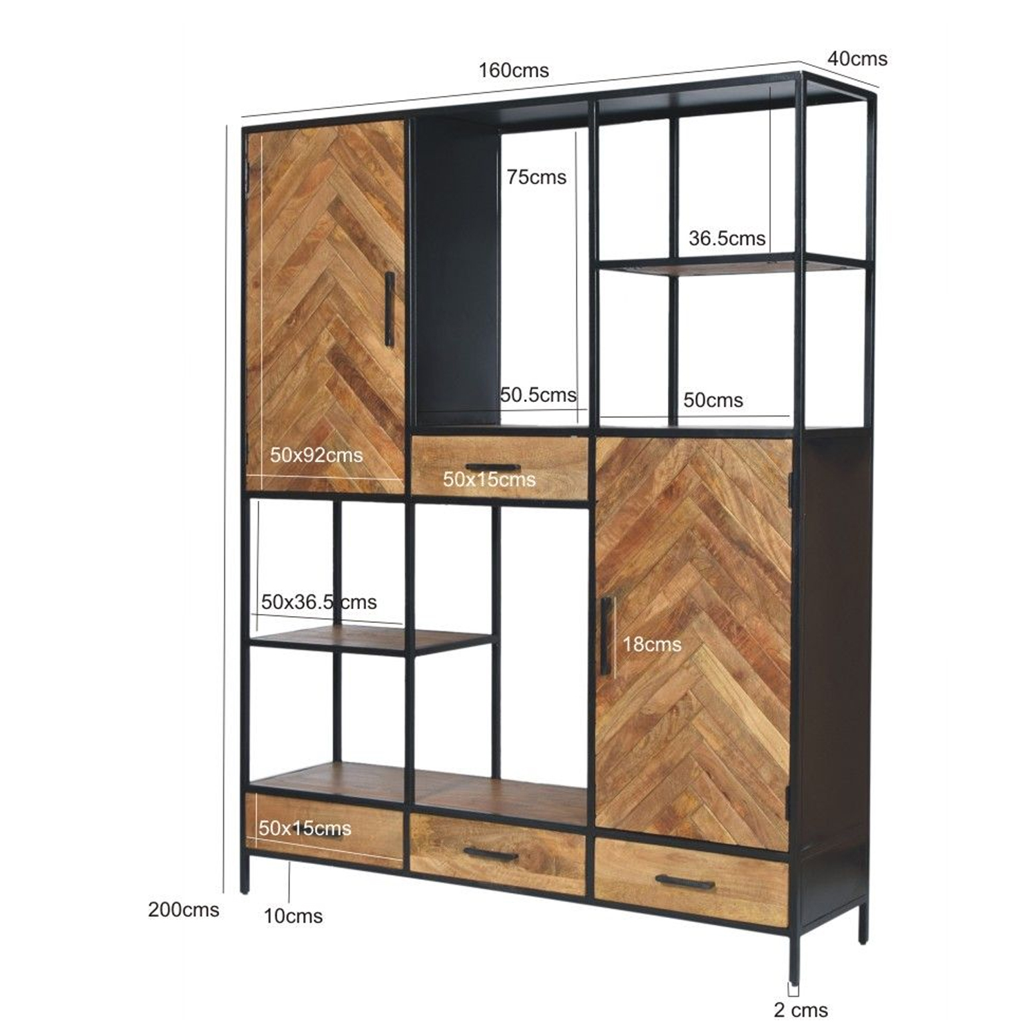 Schrank Regal Brooklyn B 160 cm Wandregal Bücherregal Mangoholz Fischgräte braun Metall schwarz