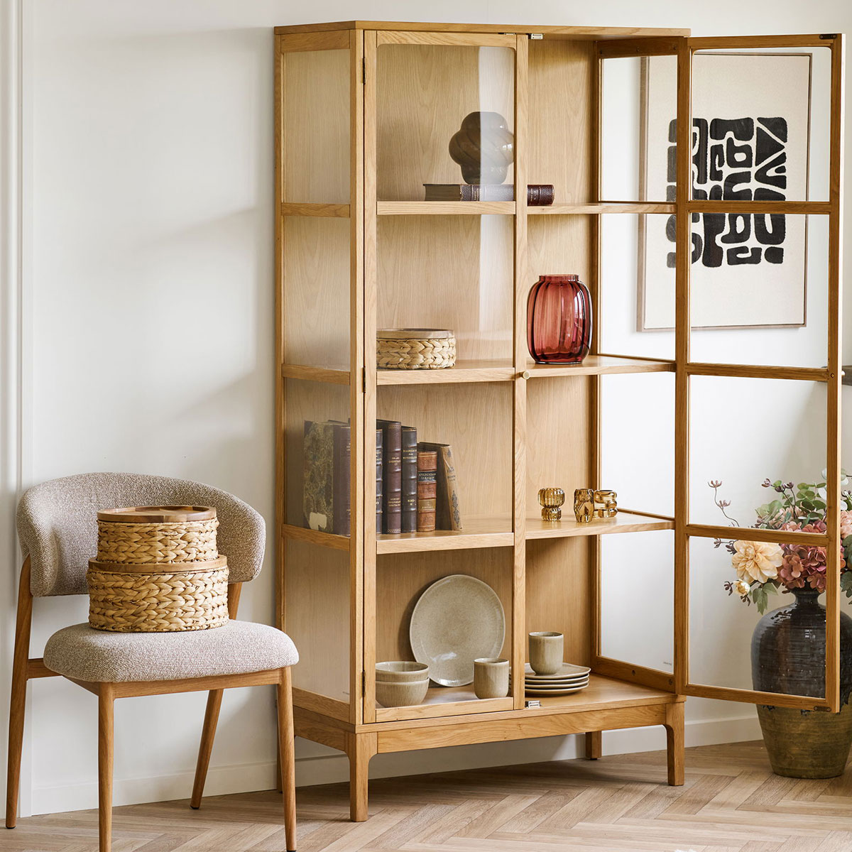 Schrank Vitrine Lamora mit 2 Tür H 180 cm  aus Eichenholz