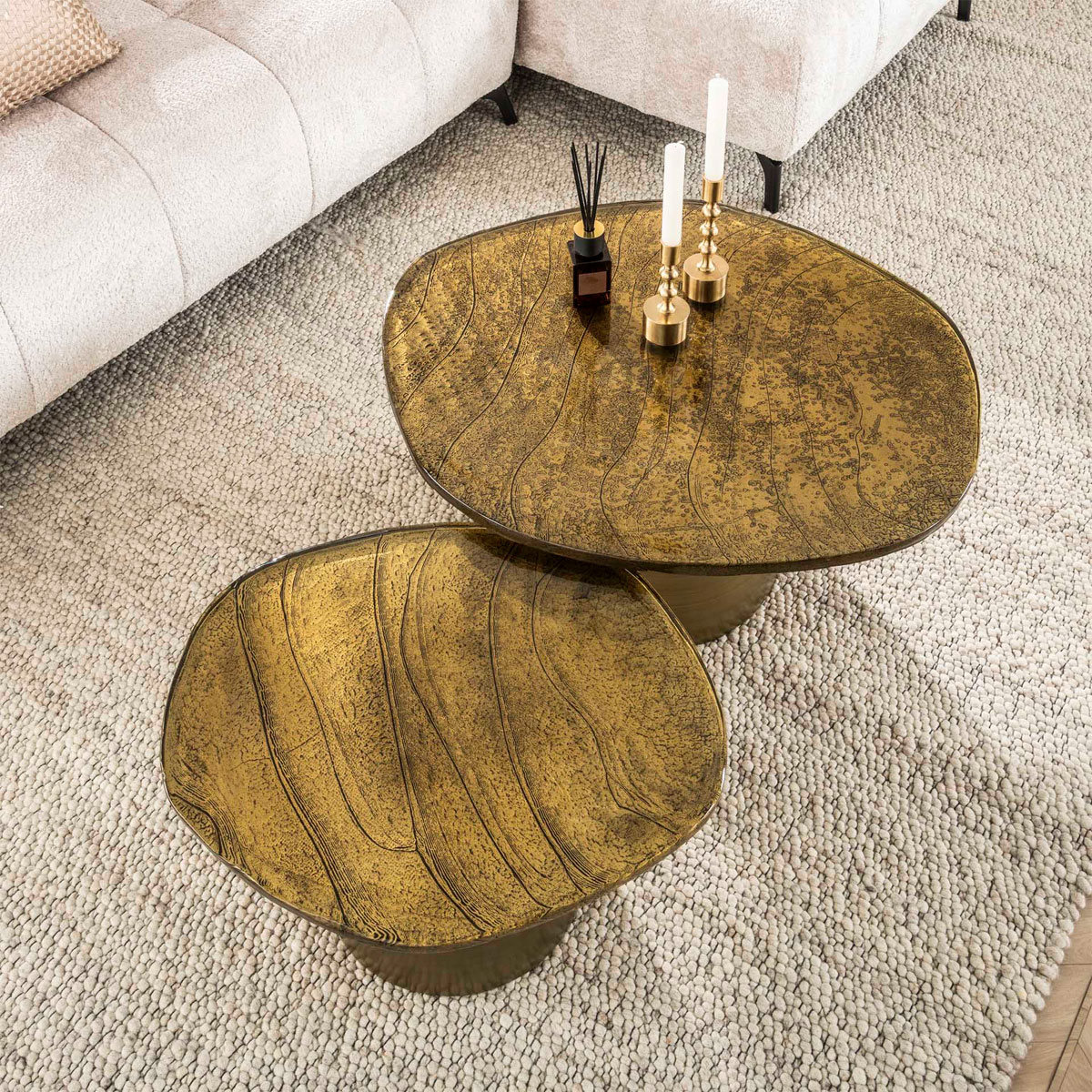 2er Set Couchtisch Ellipse Metall Glas Gold antik Finish