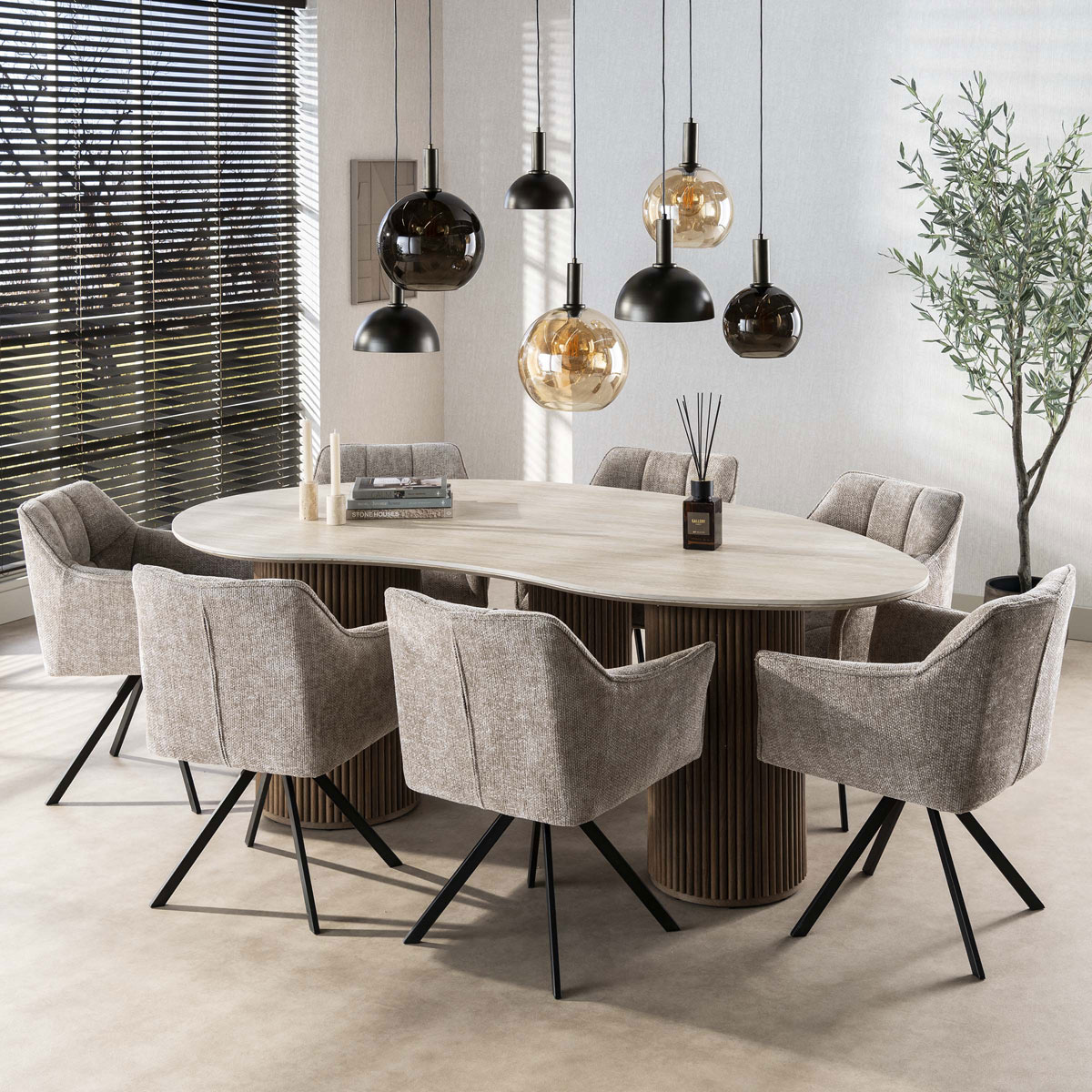 Esstisch VERONA nierenform 215 x 120 cm 3D Keramikplatte Travertinoptik Holzoptik