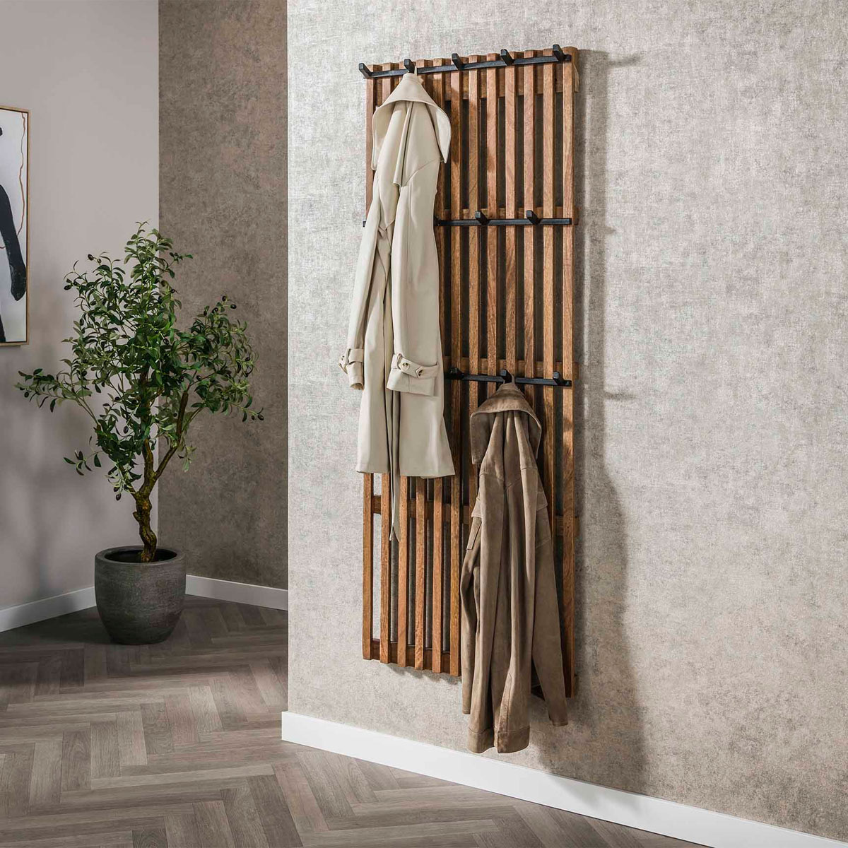 Wandgarderobe Strong H 160 cm 14 Haken Mango Massivholz Metall Garderobe Hängegarderobe