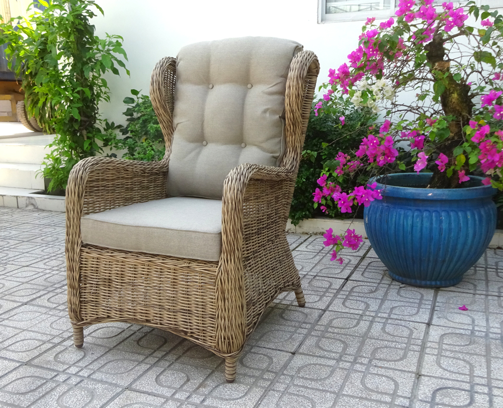 Garten Sessel Rosita Polyrattan natur mit Sitz- und Rückenkissen