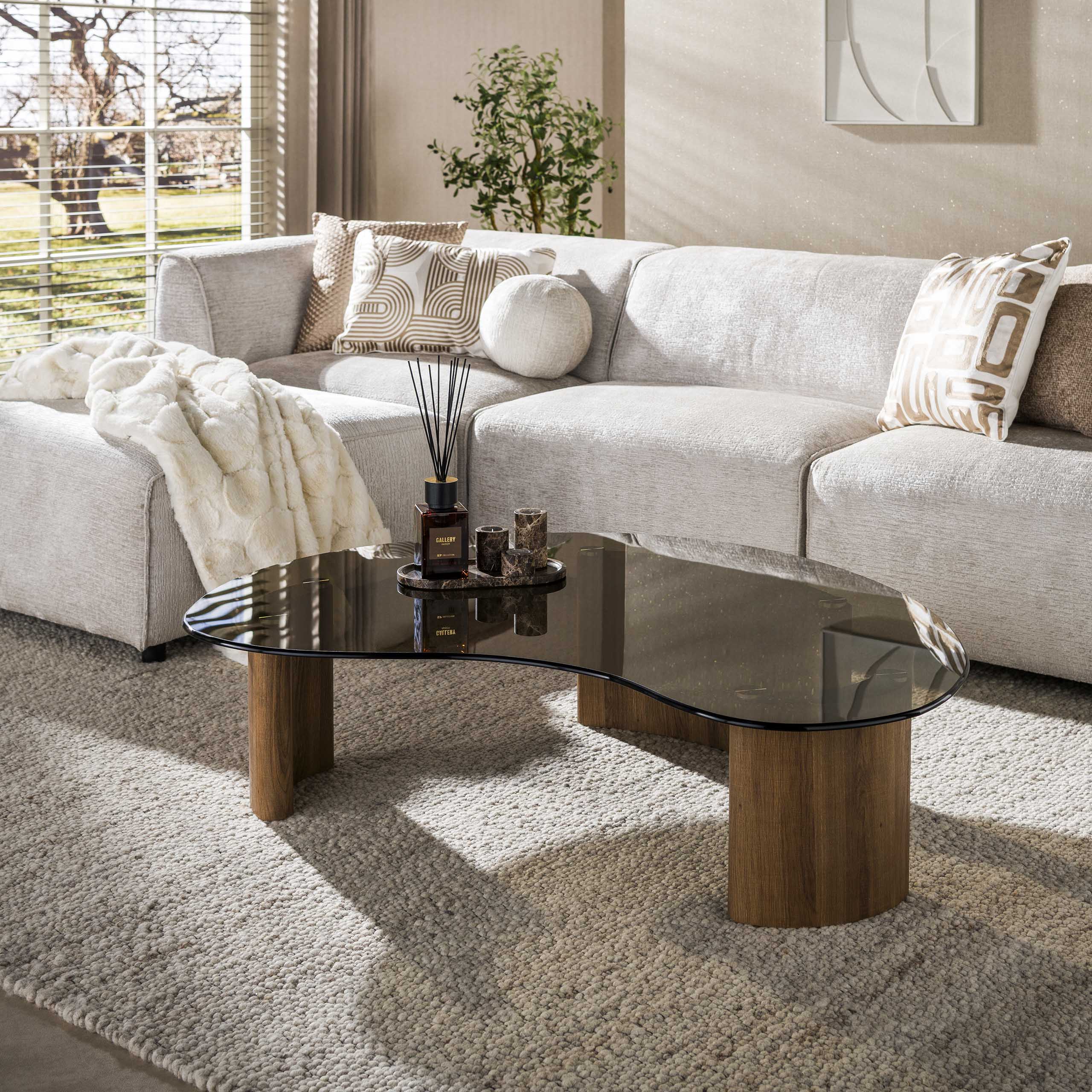 Couchtisch SAMOS organische Form 130 cm Eichenholz-Optik Glasplatte