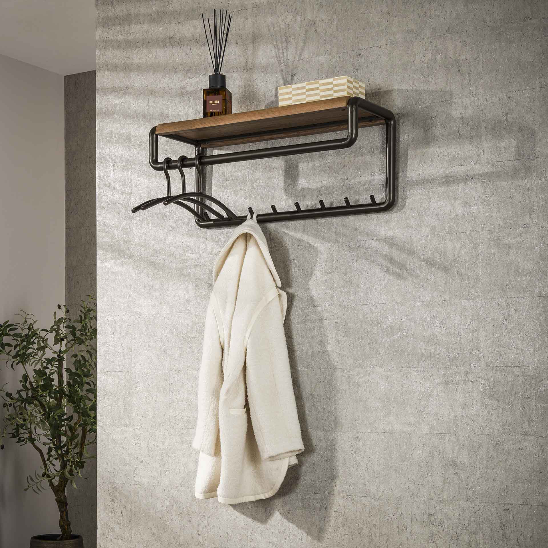 Wandgarderobe SANOS B 80 cm mit 8 Haken Hutablage Eichenoptik Metall bronze
