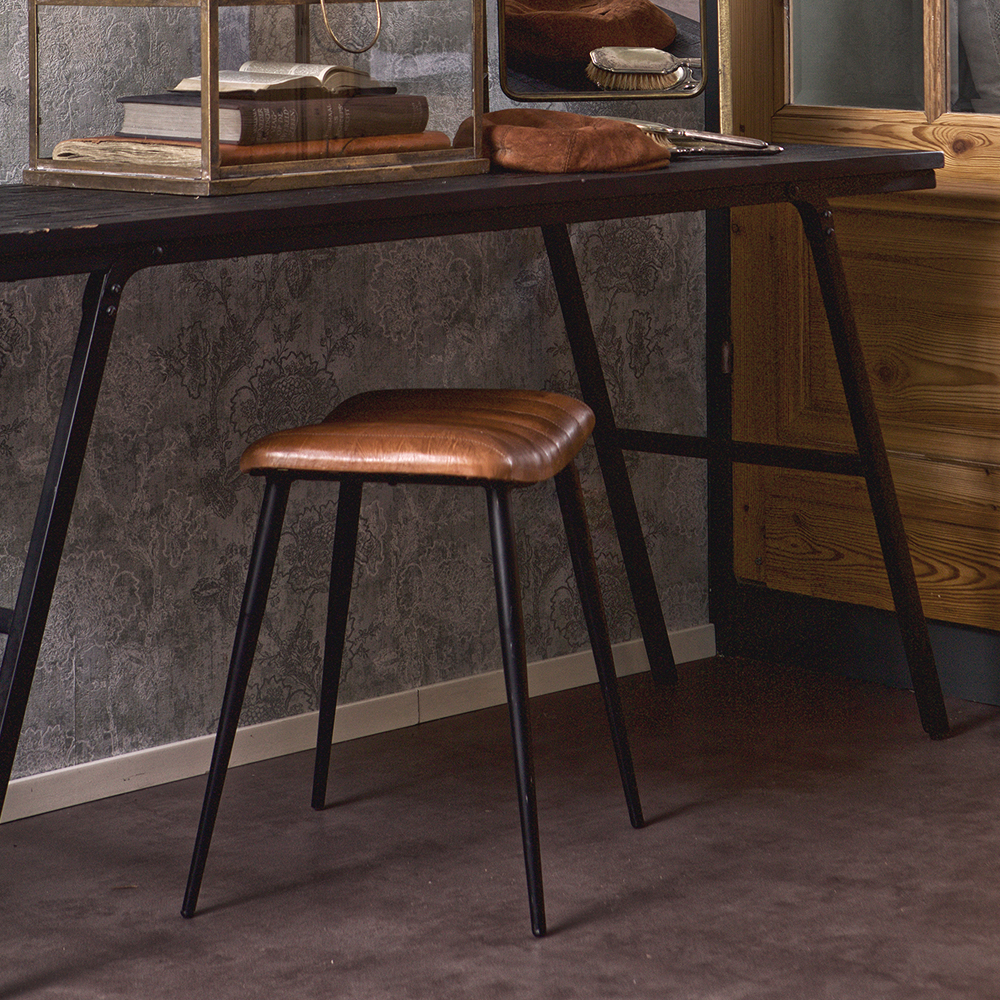 Vintage Hocker HUNT Sitzhocker Fußhocker Leder Metall Sitz Ledersitz Lederhocker