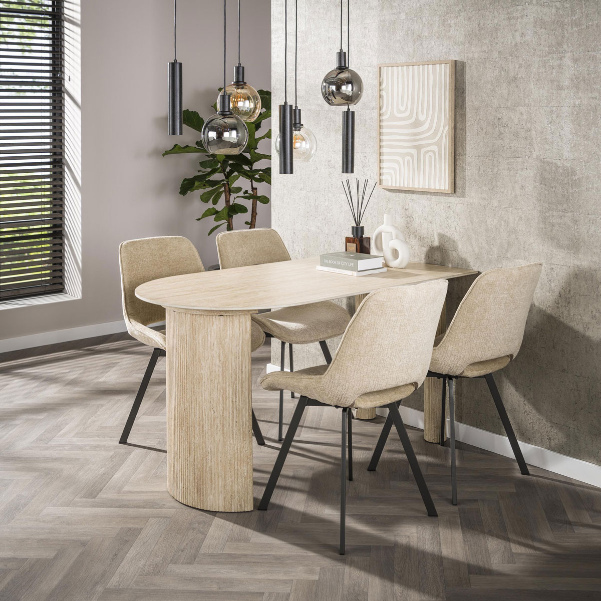 4er Set Esstischstuhl ELODIE drehbar Stoff Jaroq sandfarben