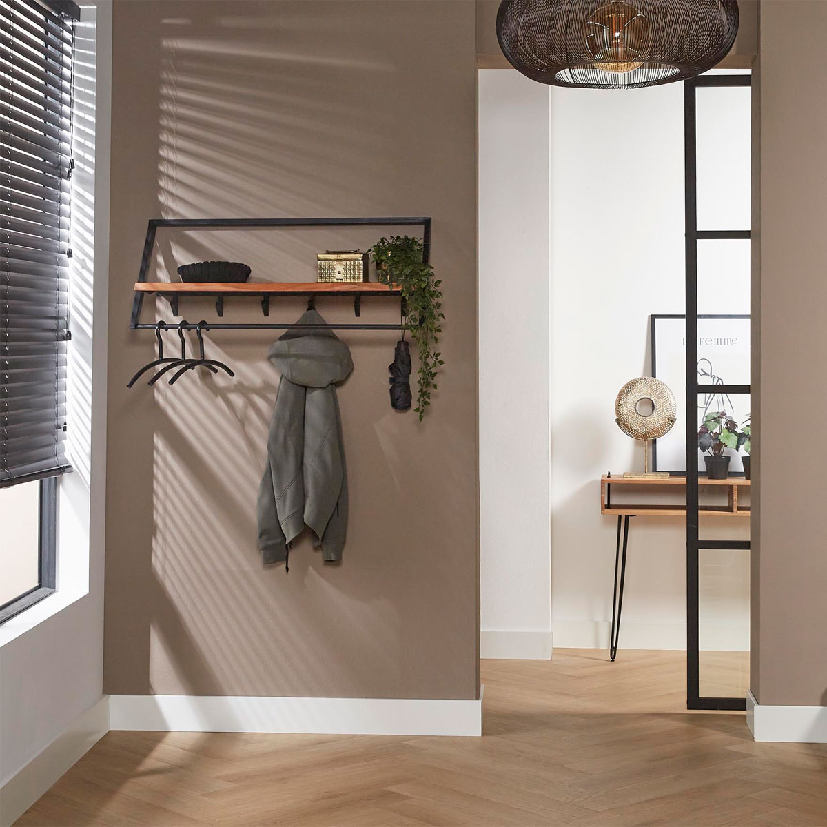 Wandgarderobe Loop B 100 cm 5 Haken Akazie Massivholz Metall