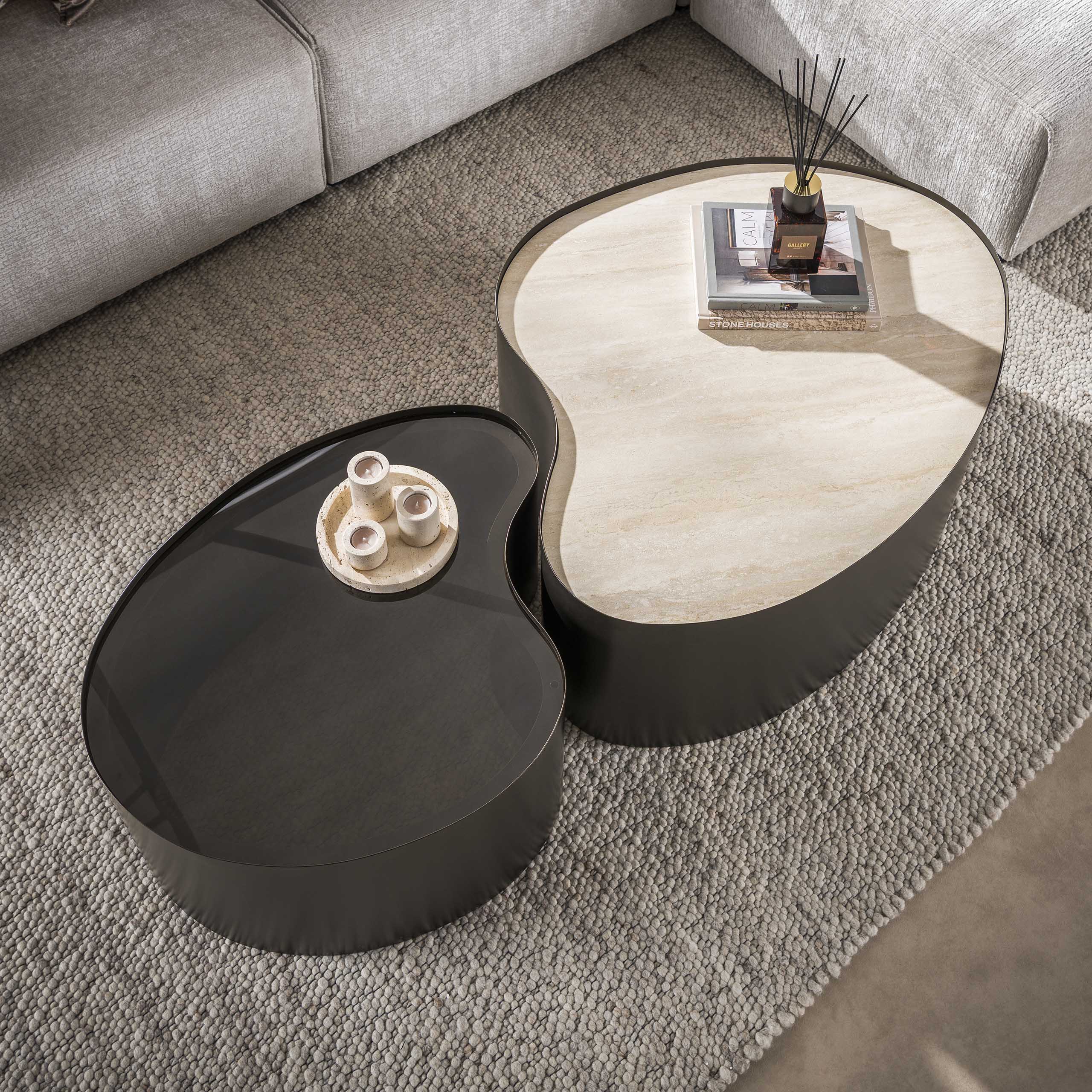 2er Set Couchtisch STEEL organische Form bronze