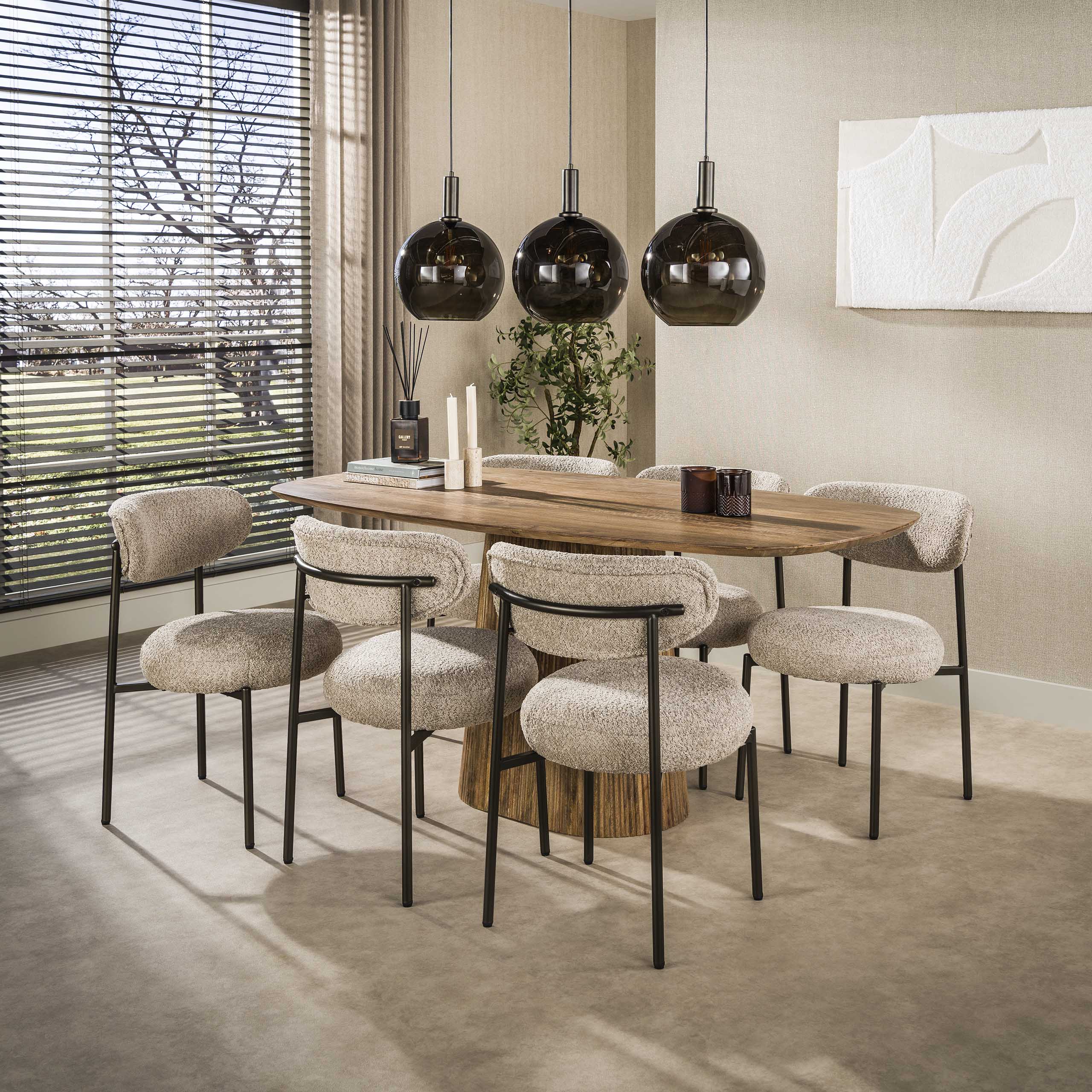 2er Set Esszimmerstuhl Polsterstuhl Oval Tissee Bouclé sand - Beine braun